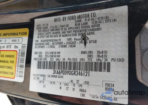 2016 Ford Fusion Titanium из США, поврежденный, VIN 3FA6P0D9XGR346121